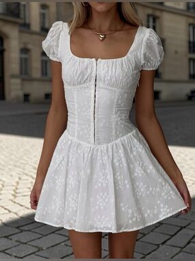 NEW Princess Polly Lethia Corset Mini Dress White Puff Sleeve Lace Up Cotton